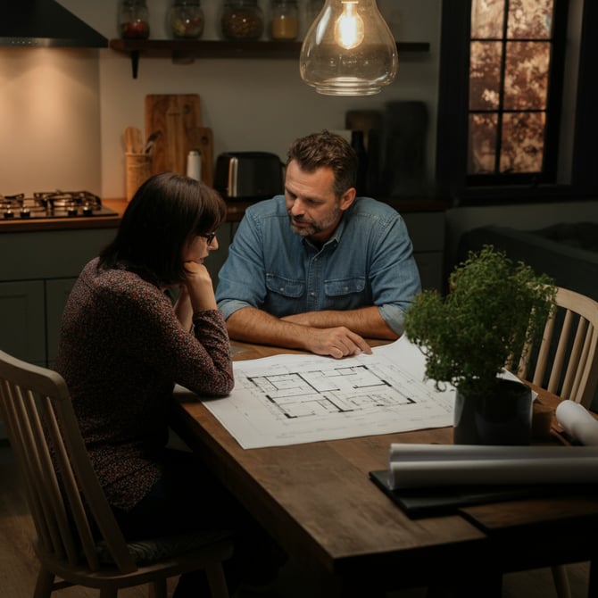 A couple reviewing blueprints for a custom-built shed