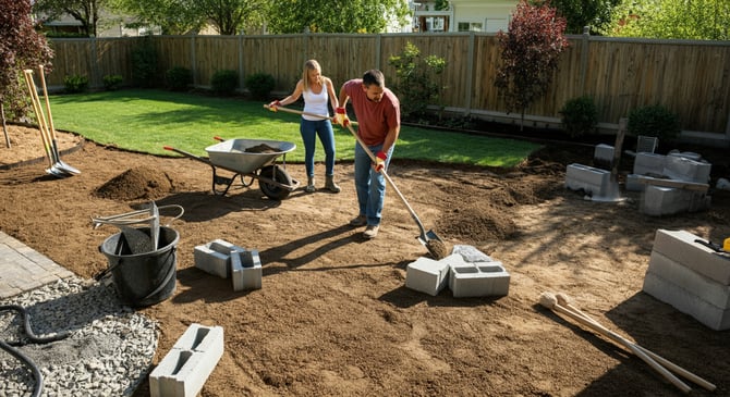 A man and woman working in their backyard to prep their site for shed delivery