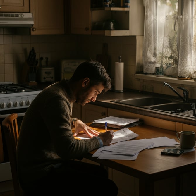 A man sitting at his kitchen table filling out permit paperwork.