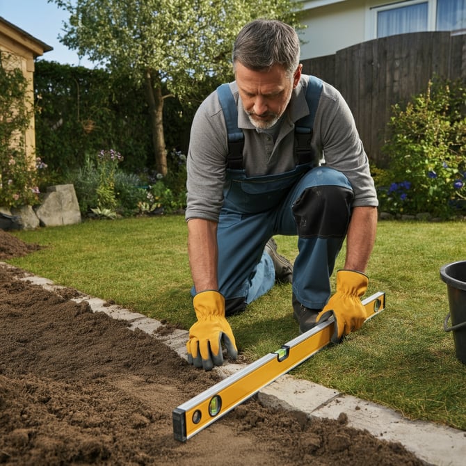 A man working to complete his foundation prep for his shed