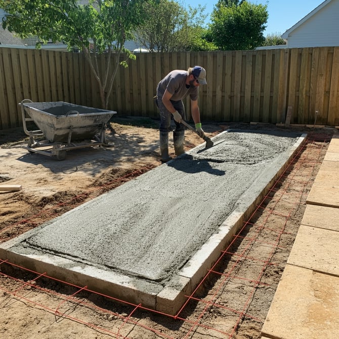 A man working to pour a concrete slab in his backyard