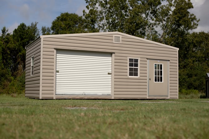 A portable garage with custom windows and doors