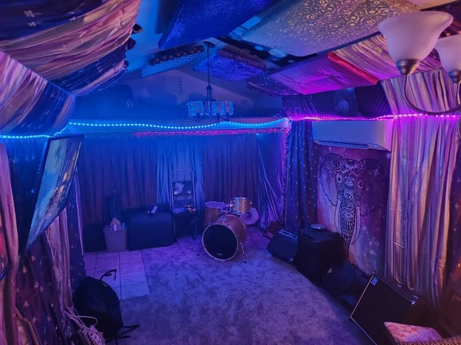 A storage shed being used for a sound studio