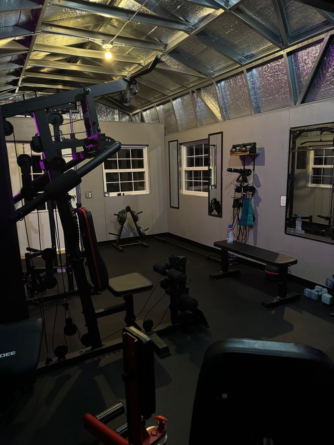 A storage shed transformed into a home gym