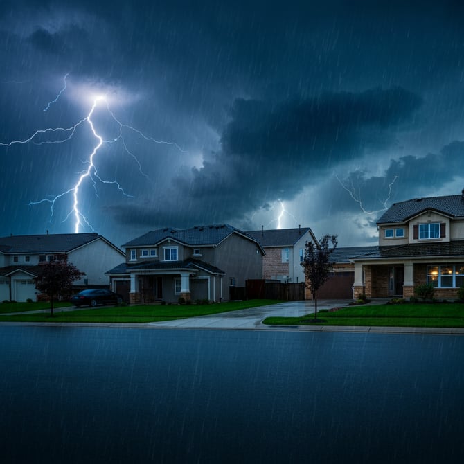 A suburban house during a heavy thunderstorm