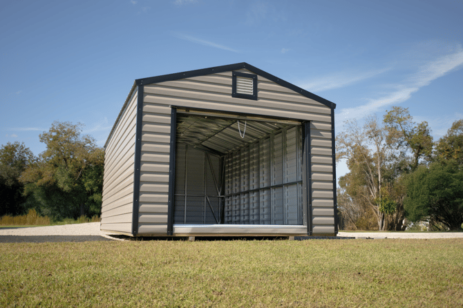 Action Buildings garage that is open and ready to store heavy equipment and vehicles