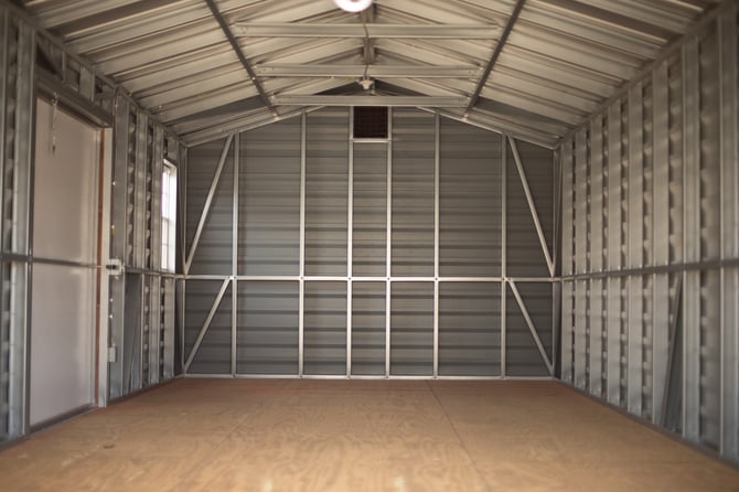 The inside metal frame of a storage building