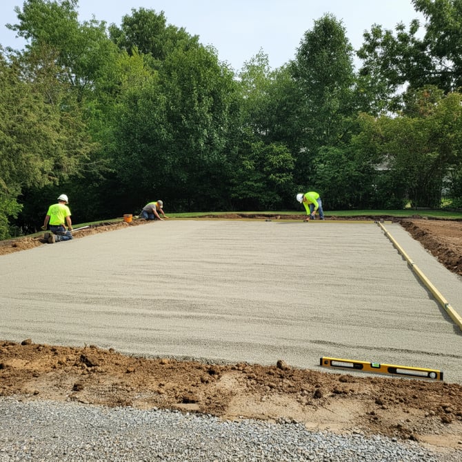 Three men working to level foundation using concrete